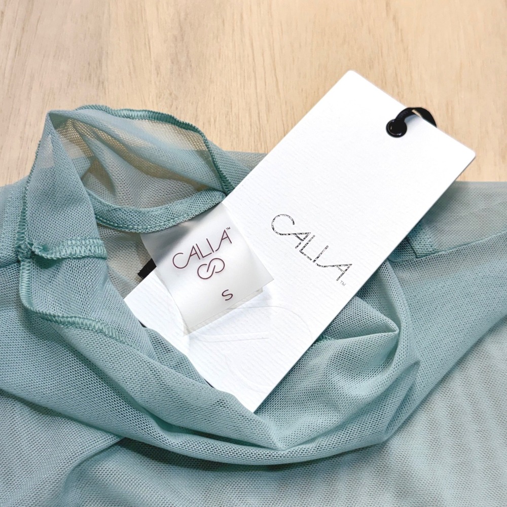 CALIA Women S Draped Funnel Long Sleeve Smoked Turquoise Sheer Mesh Top NWT - Picture 7 of 11